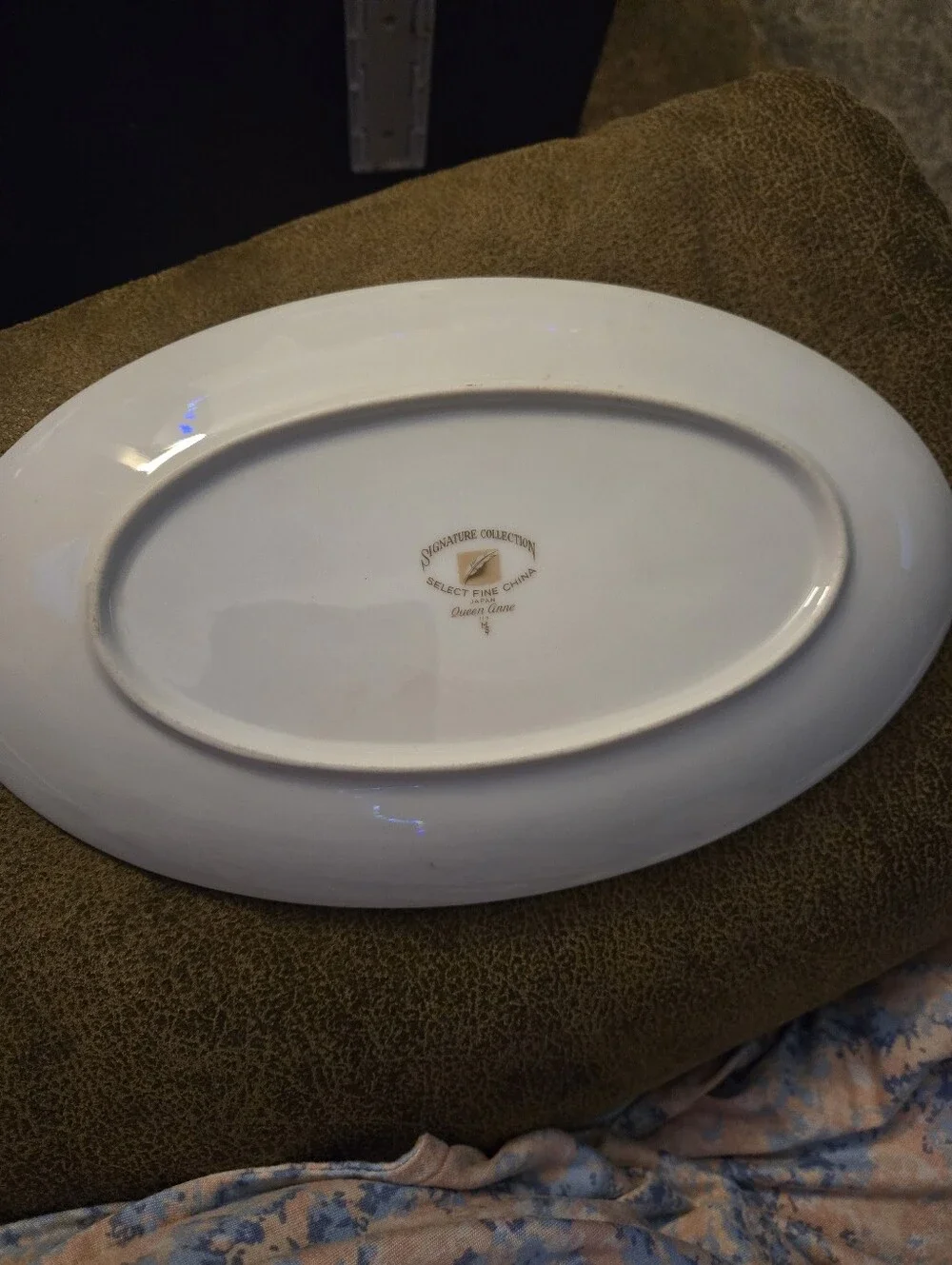 Queen Anne Signature Collection fine china oval platter featuring a green & gold